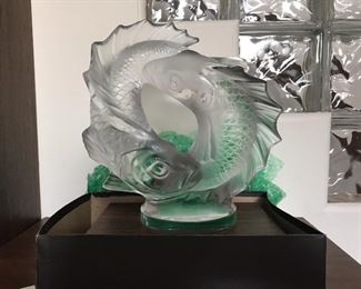 Large Lalique Crystal Double Fish Sculpture
