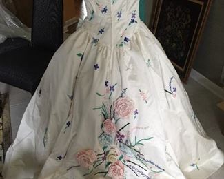 Designer Vintage Wedding Gown by Scaasi, one of a kind ,hand sewn with three dimensional Flowers Custom Size 4-6.   