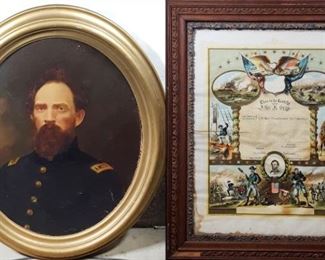 Militaria -Civil War Quartermaster Officer John Gray Painting and Colorful GAR Document describing his service and rank in detail