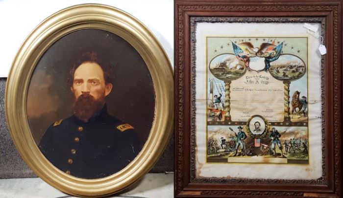 Militaria -Civil War Quartermaster Officer John Gray Painting and Colorful GAR Document describing his service and rank in detail