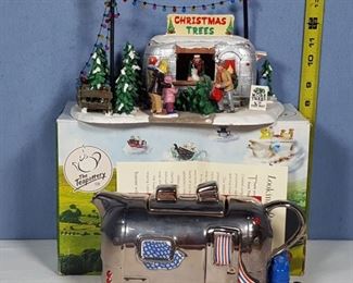 Airstream Teapottery Teapot with box and lemax Christmas trees sale dispaly with airstream office