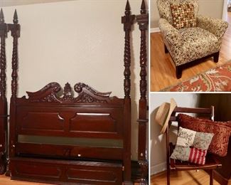SOLD-Nice Queen Four Poster Bed -Headboard, Footboard, Side Rails only - Still available at Estate Sale - Cute Armchair