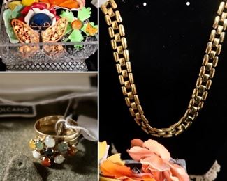 Colorful Vintage Pins - Ring - Goldtone Link Necklace