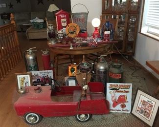 1950's Chief's Pedal car, still has the bell & siren,Lanterns with ruby red globes, Fire Extinguishers, Vintage signs and Prints, Cast Iron horse drawn wagon