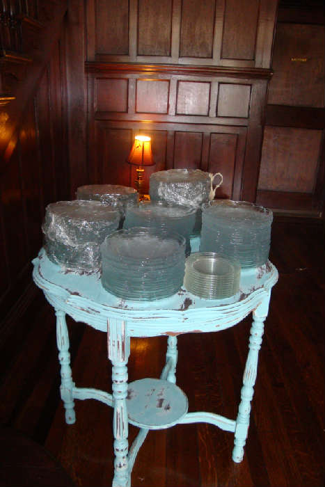 Painted and distressed antique table, clear glass salad or dessert or luncheon plates