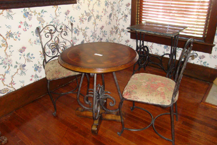 Bistro set, wood and wrought iron