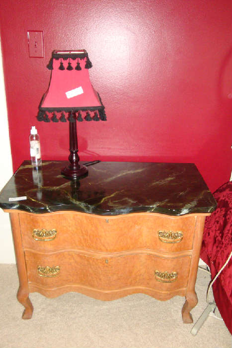Antique faux marble-top dresser, curvy front, birds eye maple