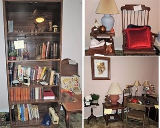 Retro office items, books, book shelves, rockers, art, lamps