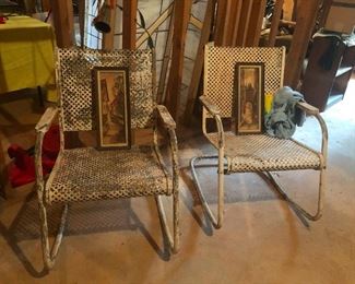 rusty folk art metal patio chairs