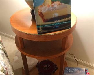 circular end table and lemon meringue pie