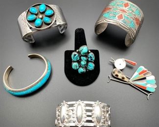 Vintage to newer Native American jewelry including an adorable Zuni roadrunner pin and Navajo shadowbox cuff bracelet, all 50% off.