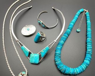 A variety of Southwest style sterling silver and turquoise jewelry including the striking collar necklace by Desert Rose Trading, all 50% off.