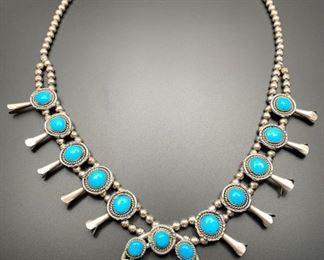 Beautiful sterling silver and turquoise squash blossom necklace, 50% off.
