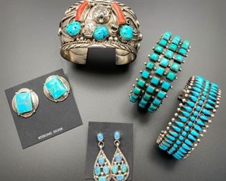 Beautiful sterling silver Native American jewelry including the unisex statement bear design cuff and Zuni cuffs, all 50% off.