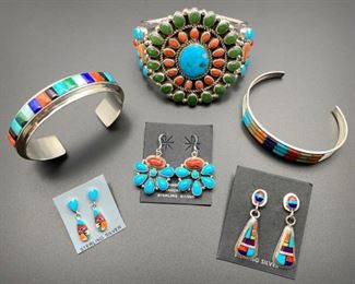 Colorful Native American jewelry in sterling silver with genuine stones, all 50% off.