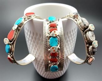 Zuni snake bracelets by a famous family - center bracelet is by Effie Calavaza, the others by her daughter Jude Candelaria. Effie recently passed away at the age of 95. All 50% off.