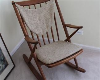 Bramin Denmark teak rocking chair with original upholstery, designed by Frank Reenskaug