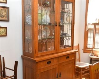 Mission Oak China Cabinet with Leaded Glass Doors by Stickley