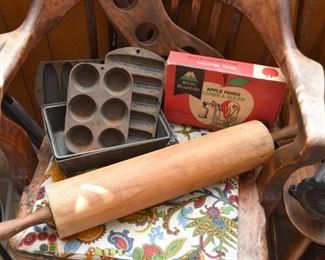 Large Wooden Rolling Pin, Cast Iron Muffin Cornbread Pans, Apple Parer