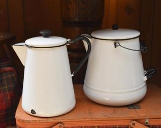 White Enamelware Kettles / Coffee Pots
