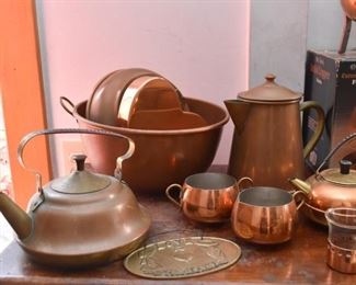 Copper Kettles, Teapots, Mixing Bowl, Creamer & Sugar, Pots, Etc.