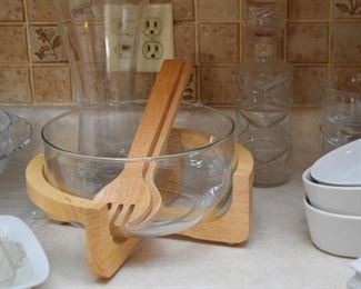 Glass Salad Bowl with Wood Stand & Utensils