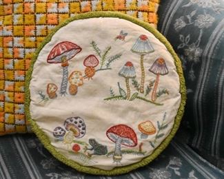 Vintage Needlepoint Pillow with Mushrooms