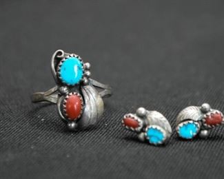 Native American Turquoise & Silver Ring / Earrings Set