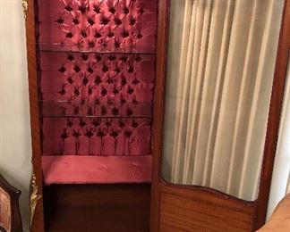 Vernis Martin style curio. Silk lined, deeply tufted, lighted. Intricate optic marquetry. 