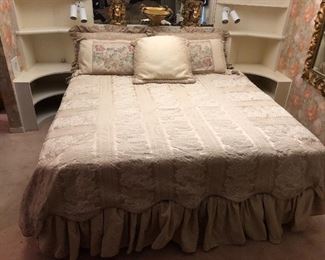 King sized duvet cover, dust ruffle, and coordinating pillows.