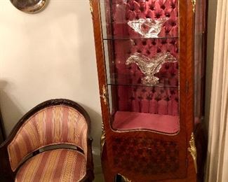 Vernis Martin style curio. Silk lined, deeply tufted, lighted. Intricate optic marquetry. 