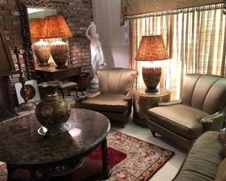 Sumptuous, elegant living room— MCM— Hollywood Regency—custom designed furniture