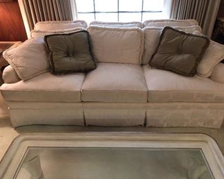  Frederick Edward Damask sofa. Down/feather cushions and pillows. A division of Drexel Heritage. Near new condition. Elegant, sophisticated, luxurious.
