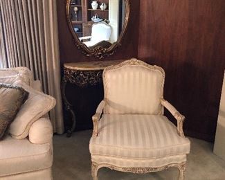 Frederick Edward ivory silk bergere  chair. Down/feather. Elegant and near new condition. One of a set of two.