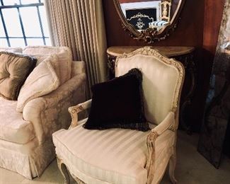 Frederick Edward ivory silk bergere  chair. Down/feather. Elegant and near new condition. One of a set of two.