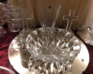 An exceptionally large collection of crystal bowls, trays, vases, footed bonbon, and serving pieces.