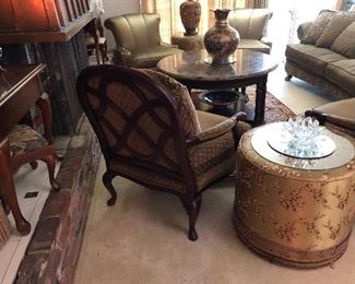 Thomasville Lattice Back Bergere Chair. Taupe diamond pattern upholstery. Two available.