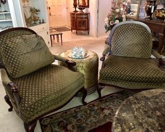 Thomasville Lattice Back Bergere Chair. Taupe diamond pattern upholstery. Two available.