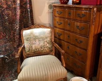 French style Bergere chair. Carved wood, shell crest, French scene. Purchased at Kamin’s downtown