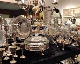 And array of silver plated items. Trays, bowls, serving pieces, water jugs, punch ladles, baskets, tiered serving pieces, goblets, casseroles, cake trays, more. 