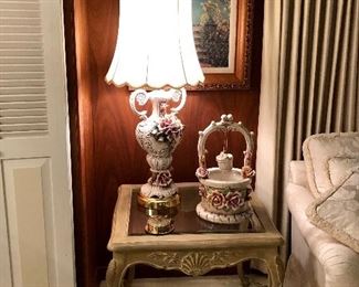 Beveled glass accent table. Queen Anne legs. Carved apron with shell centerpiece.