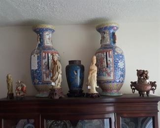 CARVED SOAPSTONE FIGURES.....12" ANTIQUE JAPANESE CLOISONNE VASE.....24" PAIR OF CHINESE QING DYNASTY URNS (These were once made into lamps and have a drilled hole in the base.)