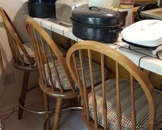 Six bentwood back bar stools and graniteware roasters