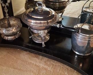 Silver plate chafing dish, ice bucket, and caddy