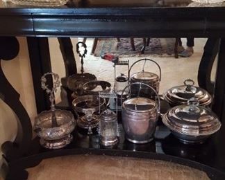 Black  lacquer library table with silver plate