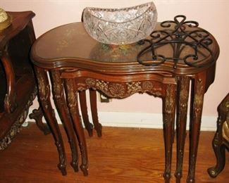 Inlaid nesting tables, glass tops, BUY IT NOW $ 145.00