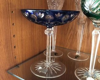 Bohemian Crystal Cut to clear Long stemmed candy dish in cobalt