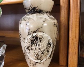 Navajo Horse Hair Etched Vase Signed T. Vail