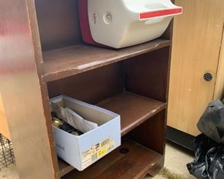 Bookshelf, Vintage Cooler, Box of Antique, Newish, and Vintage Hardware (Glass Door Knobs, Rusty Door Knobs, Locks with Keys, Slide Locks and More)