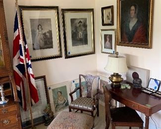 Childs Chippendale chair, English engravings and prints of Royals. Unsigned portrait of lady.  Mahogany 1820's end table with english carved side chair.